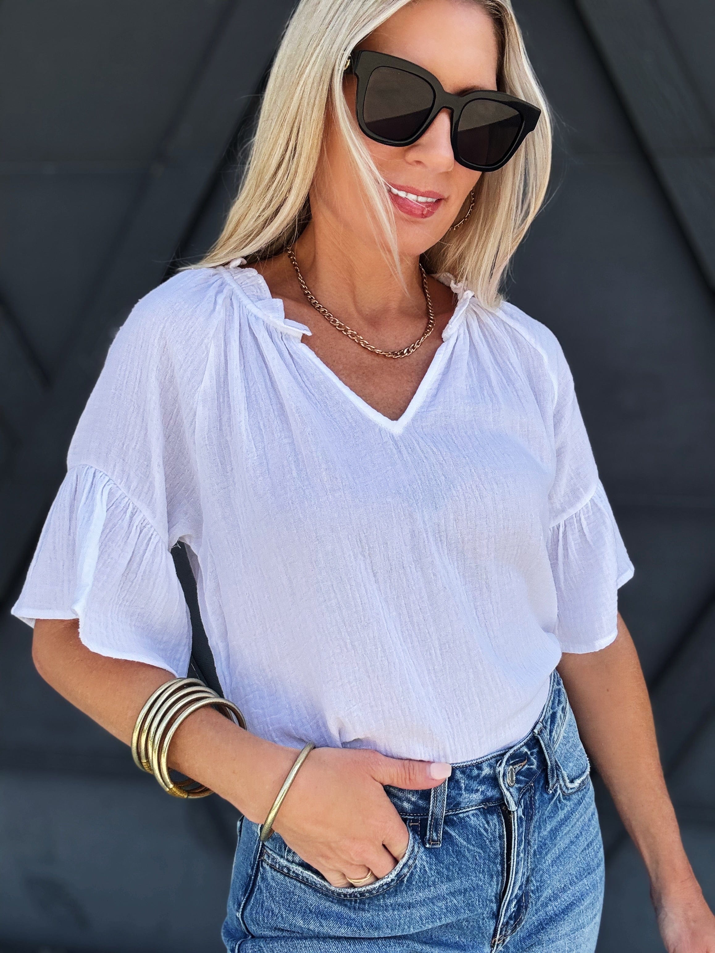 Gauze Ruffle Sleeve Blouse In White - Infinity Raine