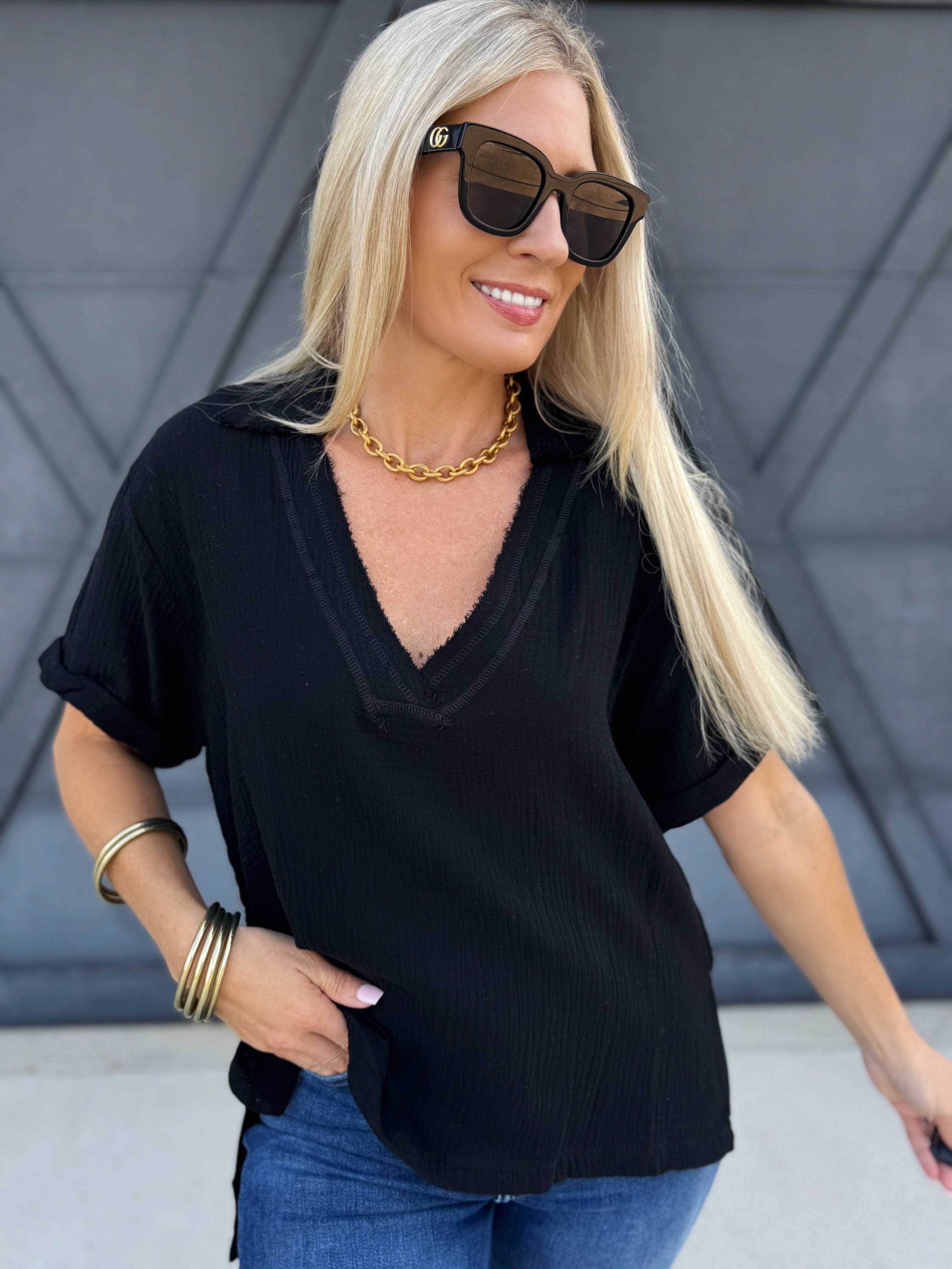 Jamy Collared V Neck Top In Black - Infinity Raine