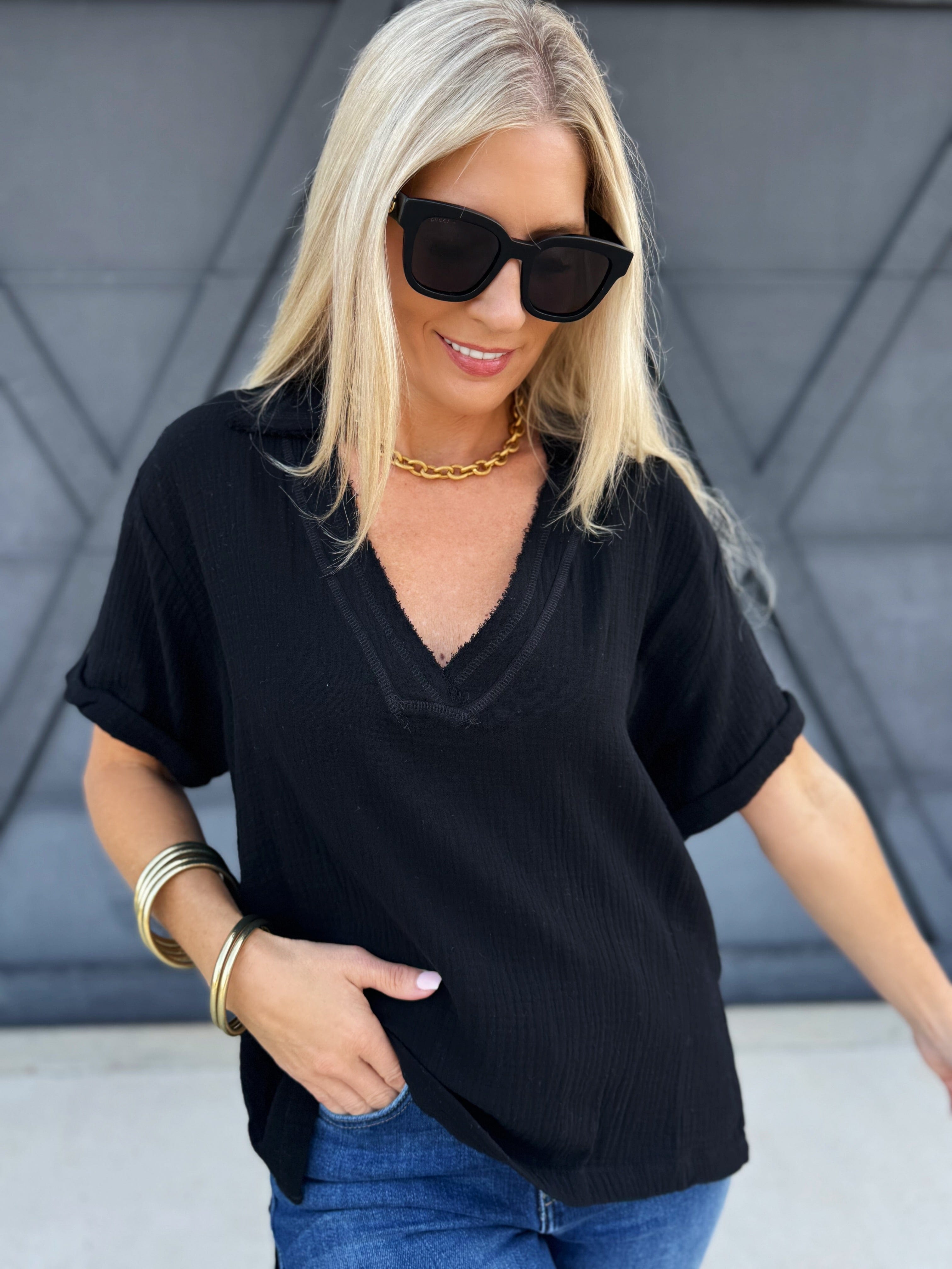 Jamy Collared V Neck Top In Black - Infinity Raine
