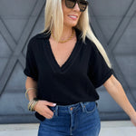 Jamy Collared V Neck Top In Black - Infinity Raine