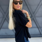 Jamy Collared V Neck Top In Black - Infinity Raine