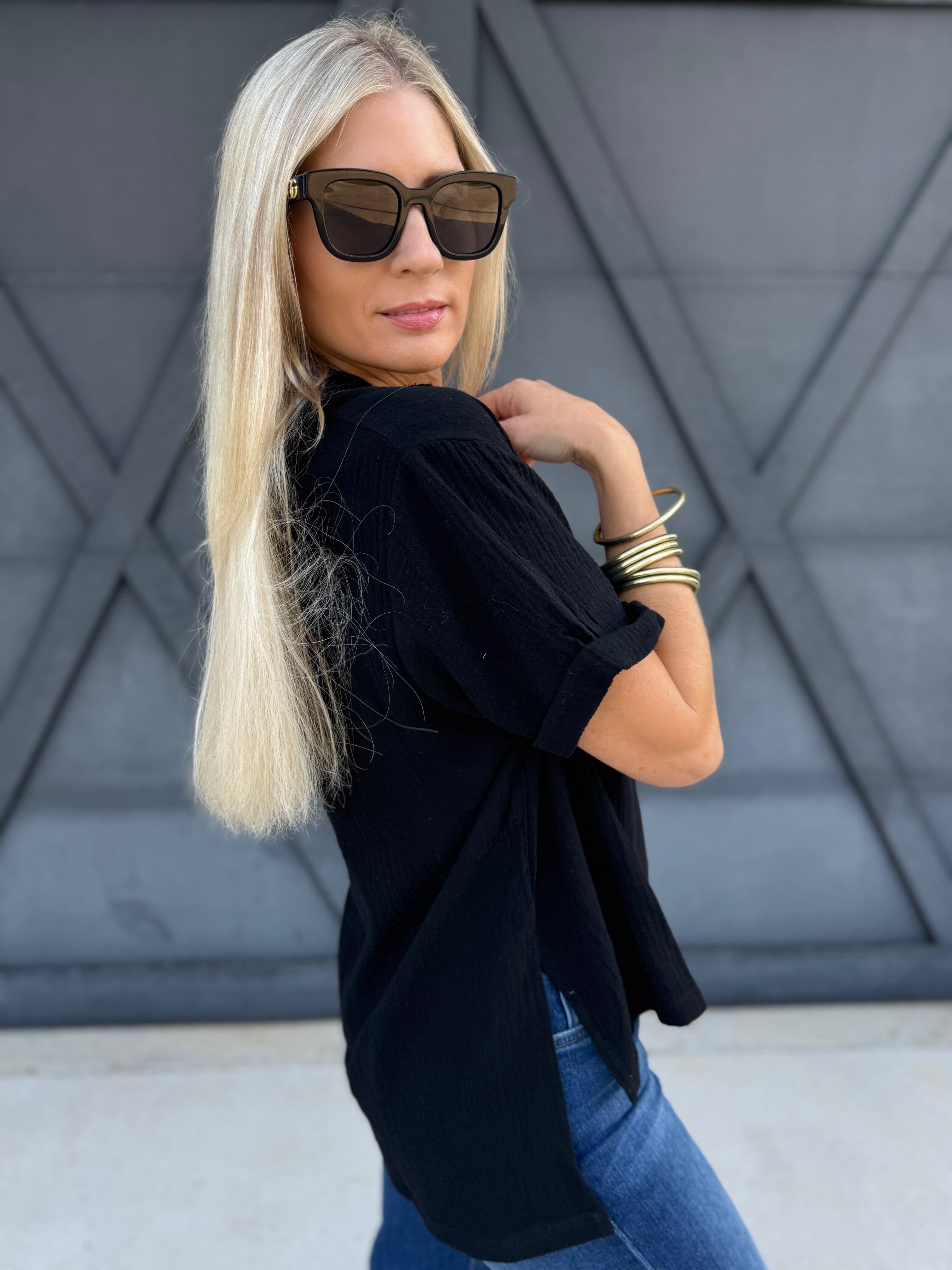 Jamy Collared V Neck Top In Black - Infinity Raine