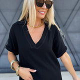 Jamy Collared V Neck Top In Black - Infinity Raine