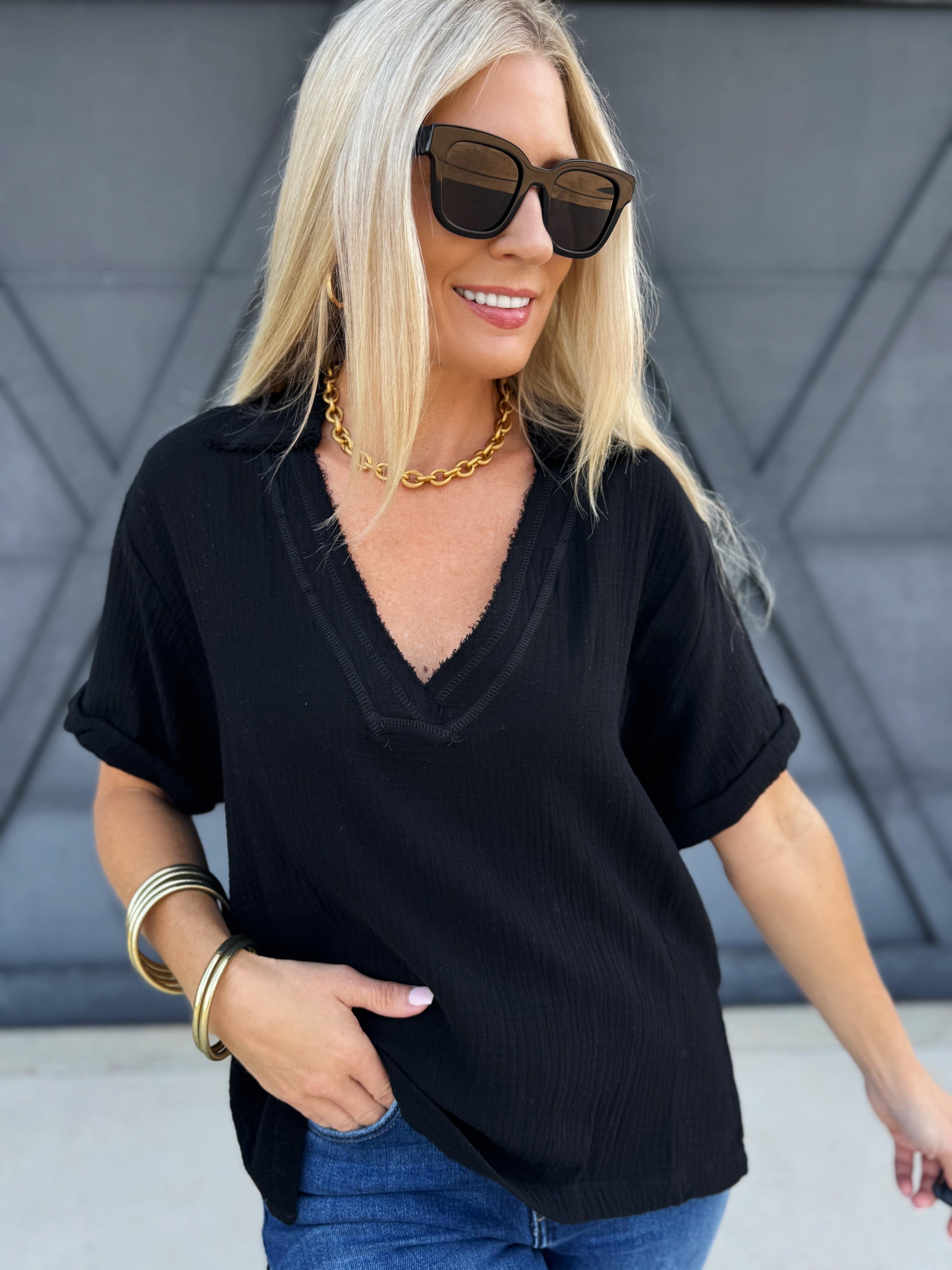 Jamy Collared V Neck Top In Black - Infinity Raine