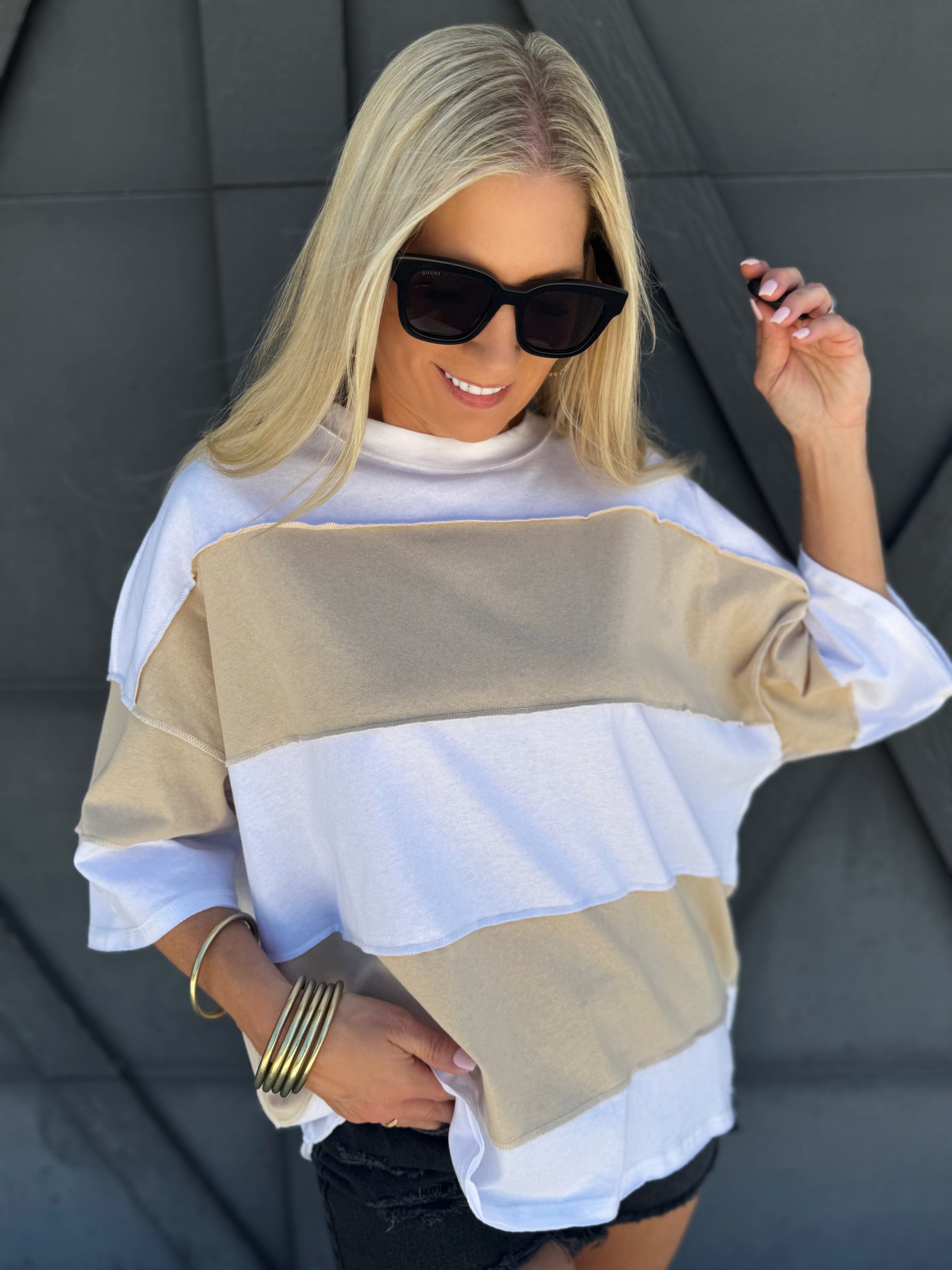 Polly Color Block Tee In White Oat - Infinity Raine
