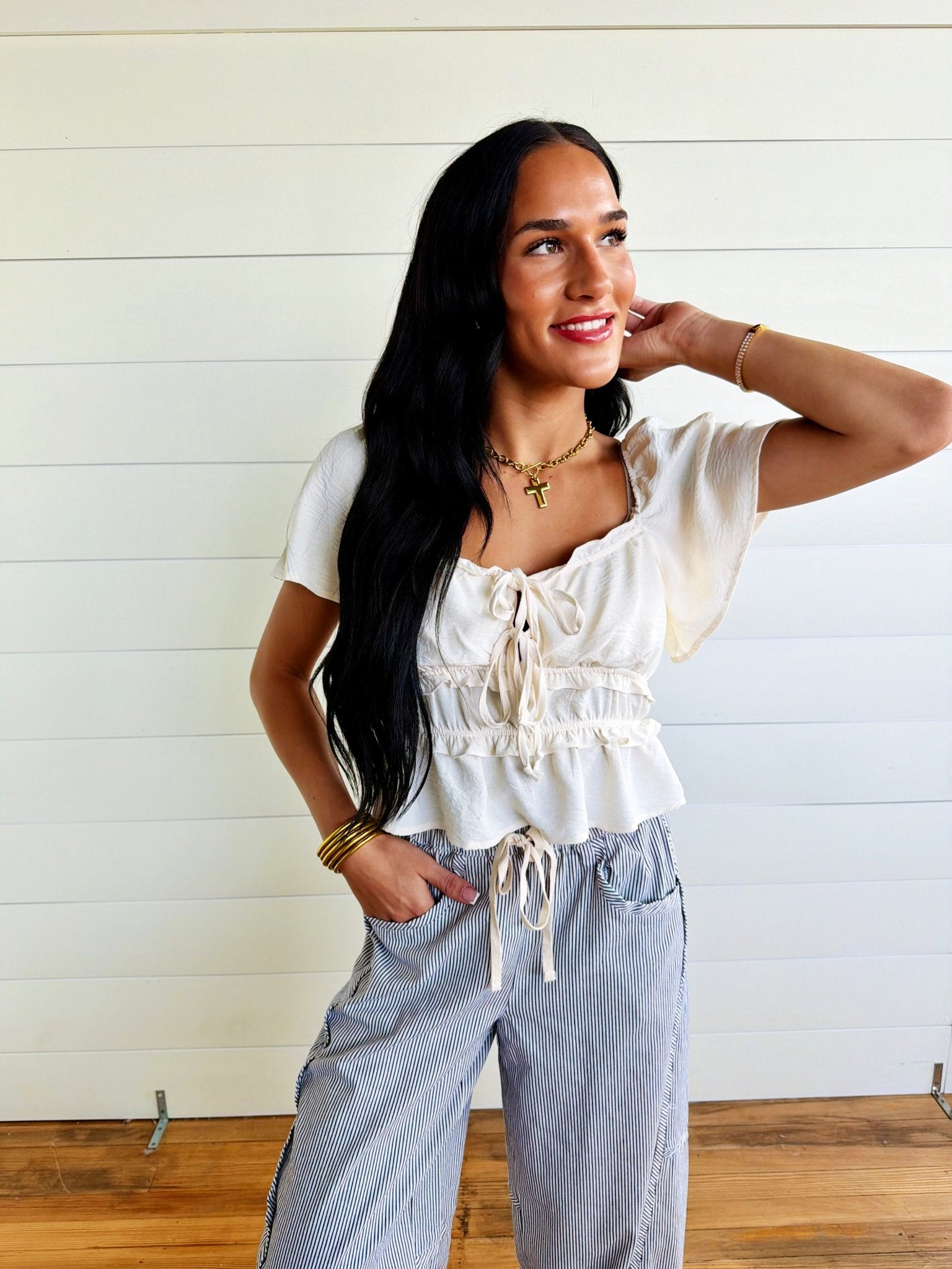 Airflow Ruffle Peplum Tie Front Top – Cream - Infinity Raine
