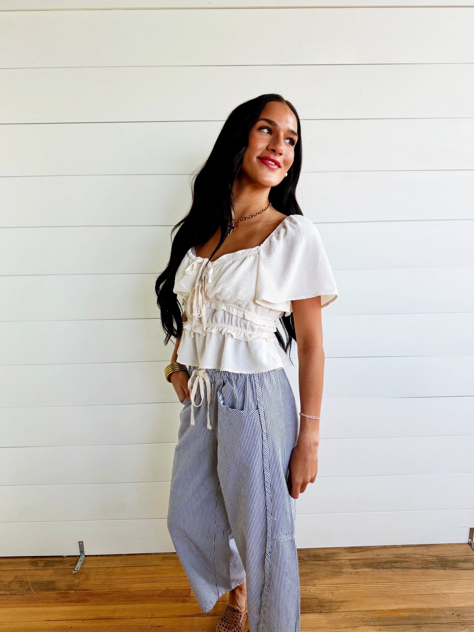 Airflow Ruffle Peplum Tie Front Top – Cream - Infinity Raine