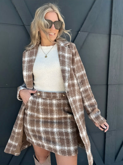 Plaid Boucle Long Coat-Mocha Ivory - Infinity Raine