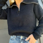 Plush Half Zip Pullover Sweater-Black - Infinity Raine
