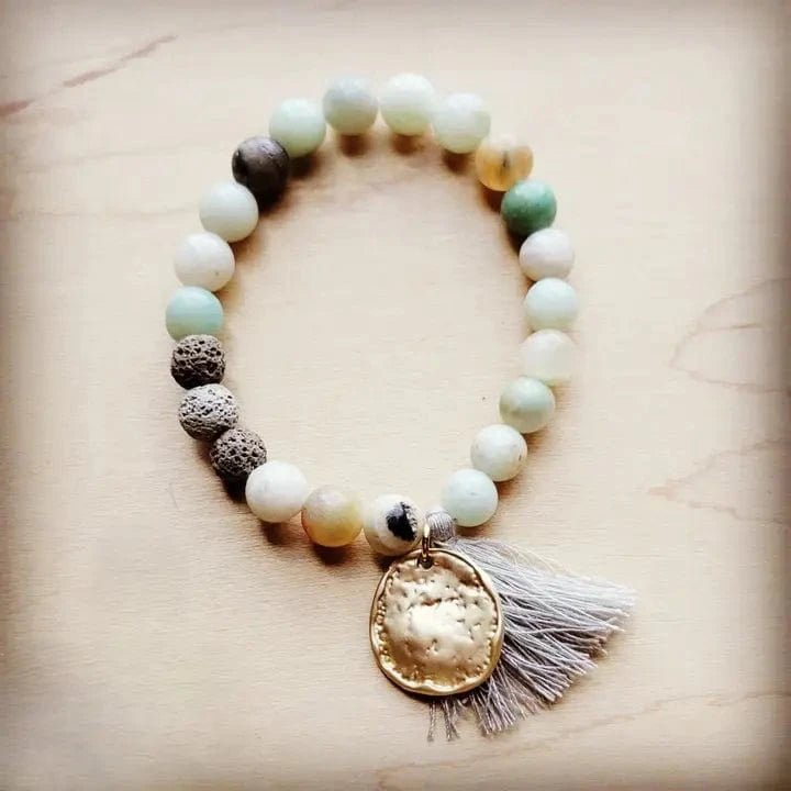 Amazonite Stretch Beaded Tassel Charm Bracelet - Infinity Raine