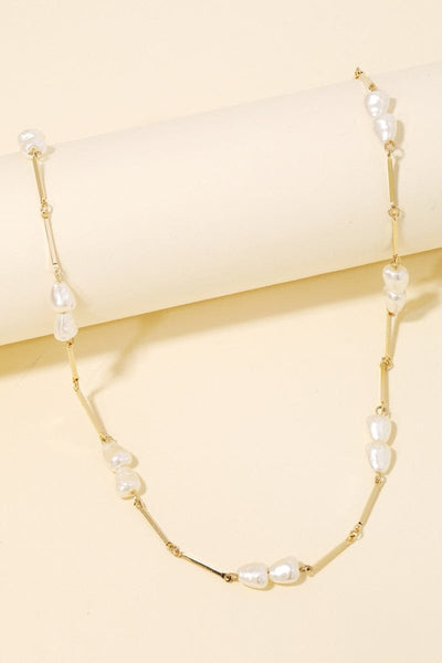 Beaded Pearl Daint Bar Chain Necklace-Gold - Infinity Raine