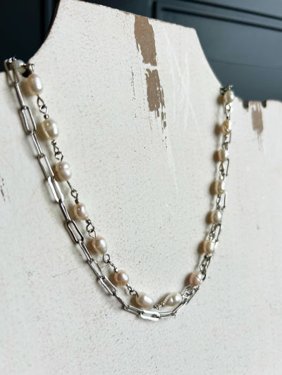 Layered Freshwater Pearl Pendant Necklace-Silver - Infinity Raine