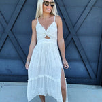 ANGIE DRESSES Eyelet Embroidered Twist Front Midi Dress In Ivory