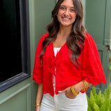 Floral Embroidery Tie Front Blouse In Red - Infinity Raine