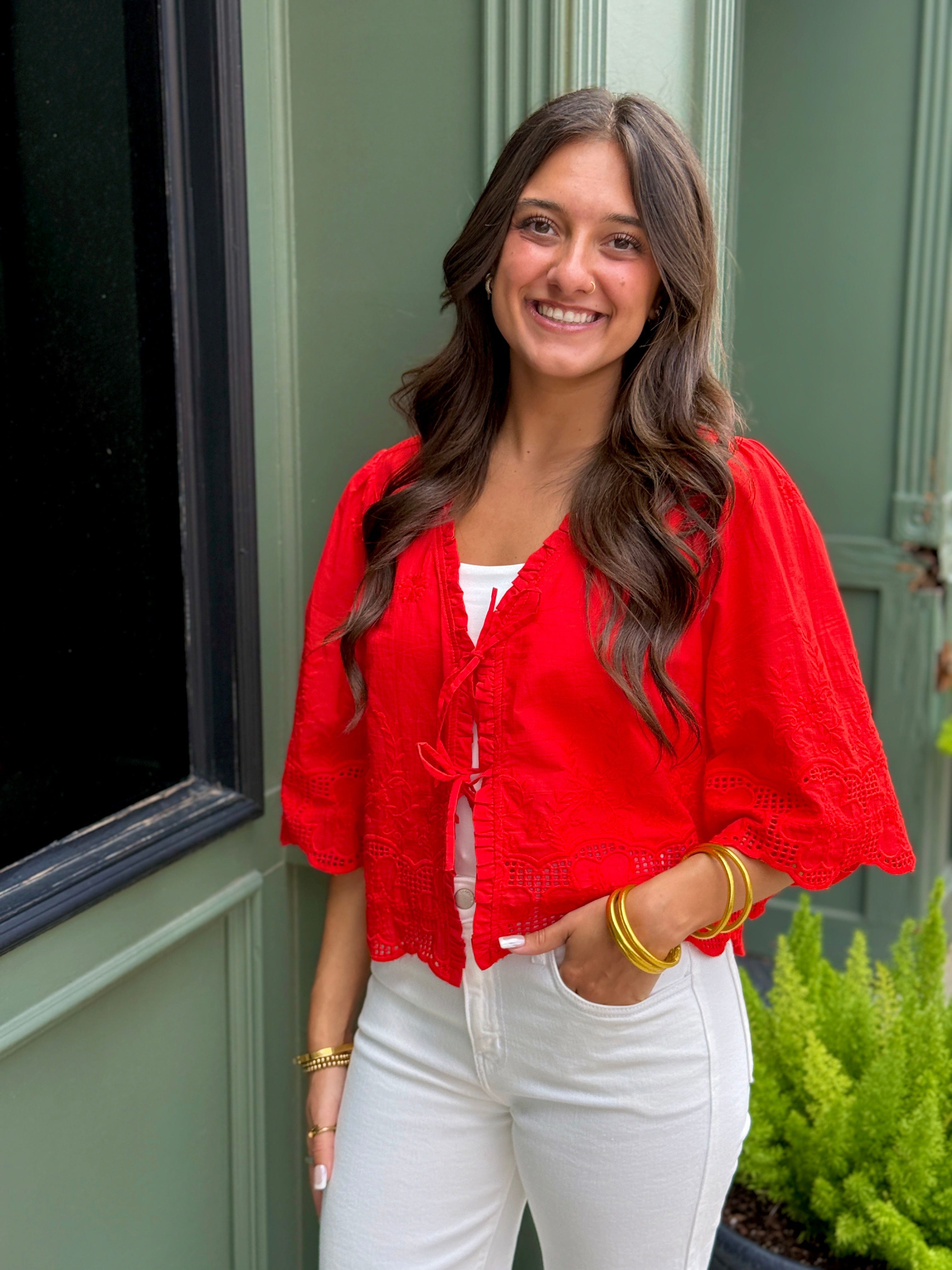 Floral Embroidery Tie Front Blouse In Red - Infinity Raine