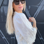 Floral Embroidery Tie Front Blouse In White - Infinity Raine