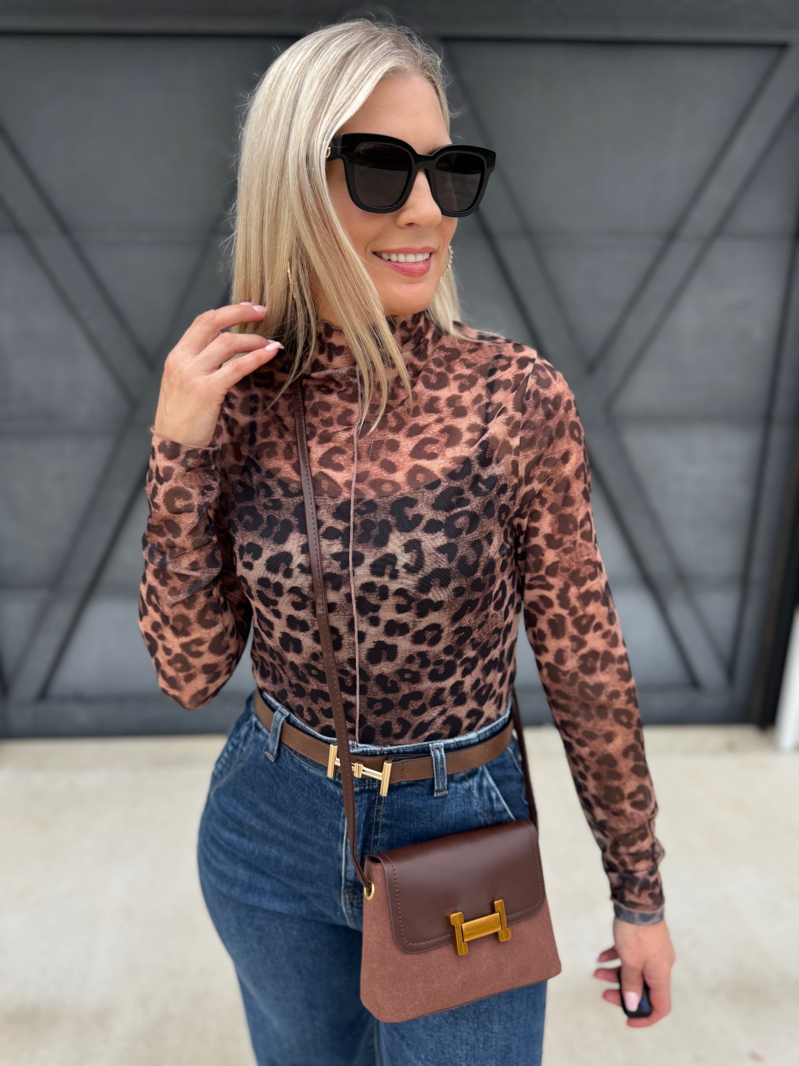 Leopard Mesh Mock Neck Top In Mocha - Infinity Raine