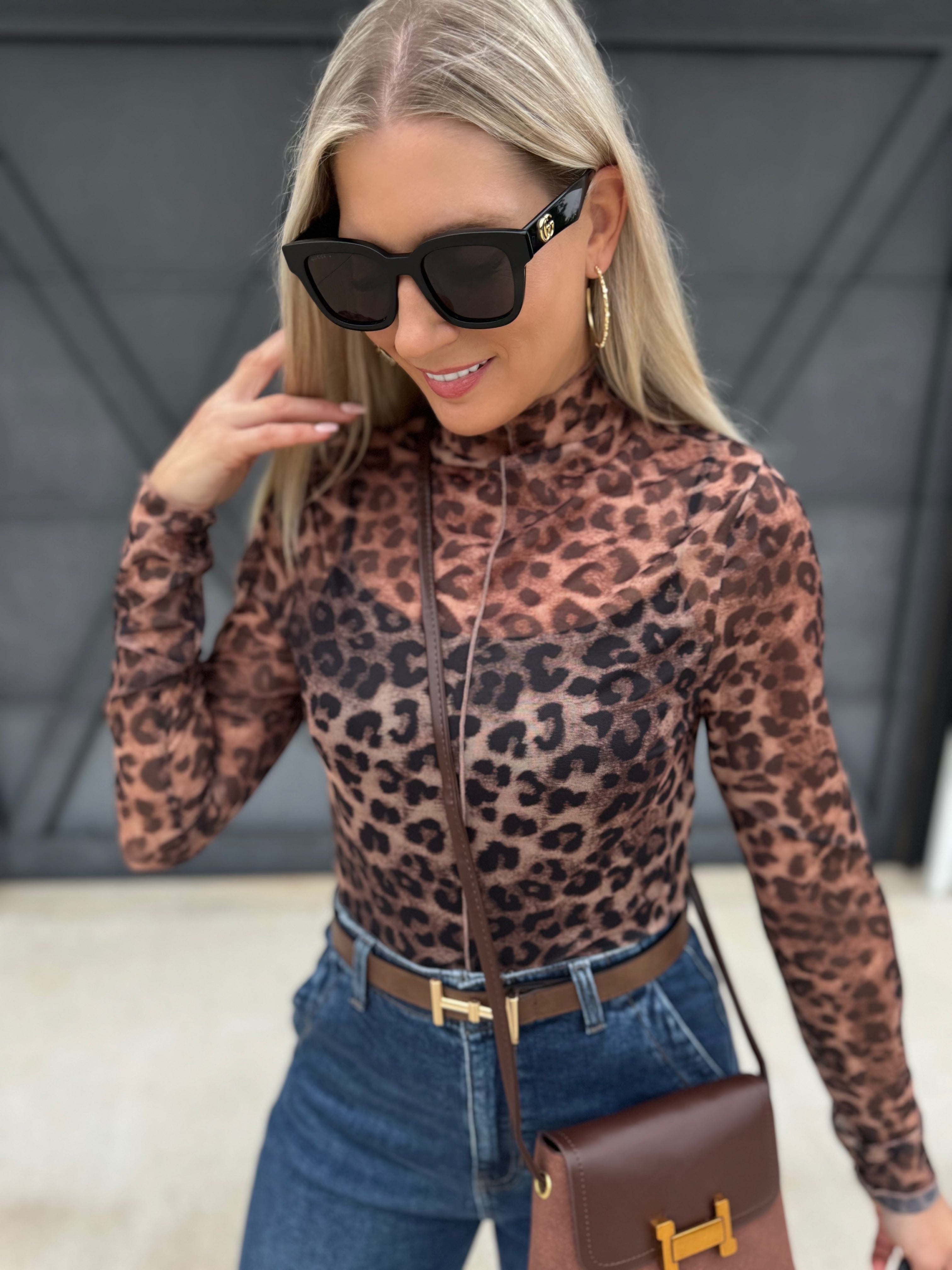 Leopard Mesh Mock Neck Top In Mocha - Infinity Raine
