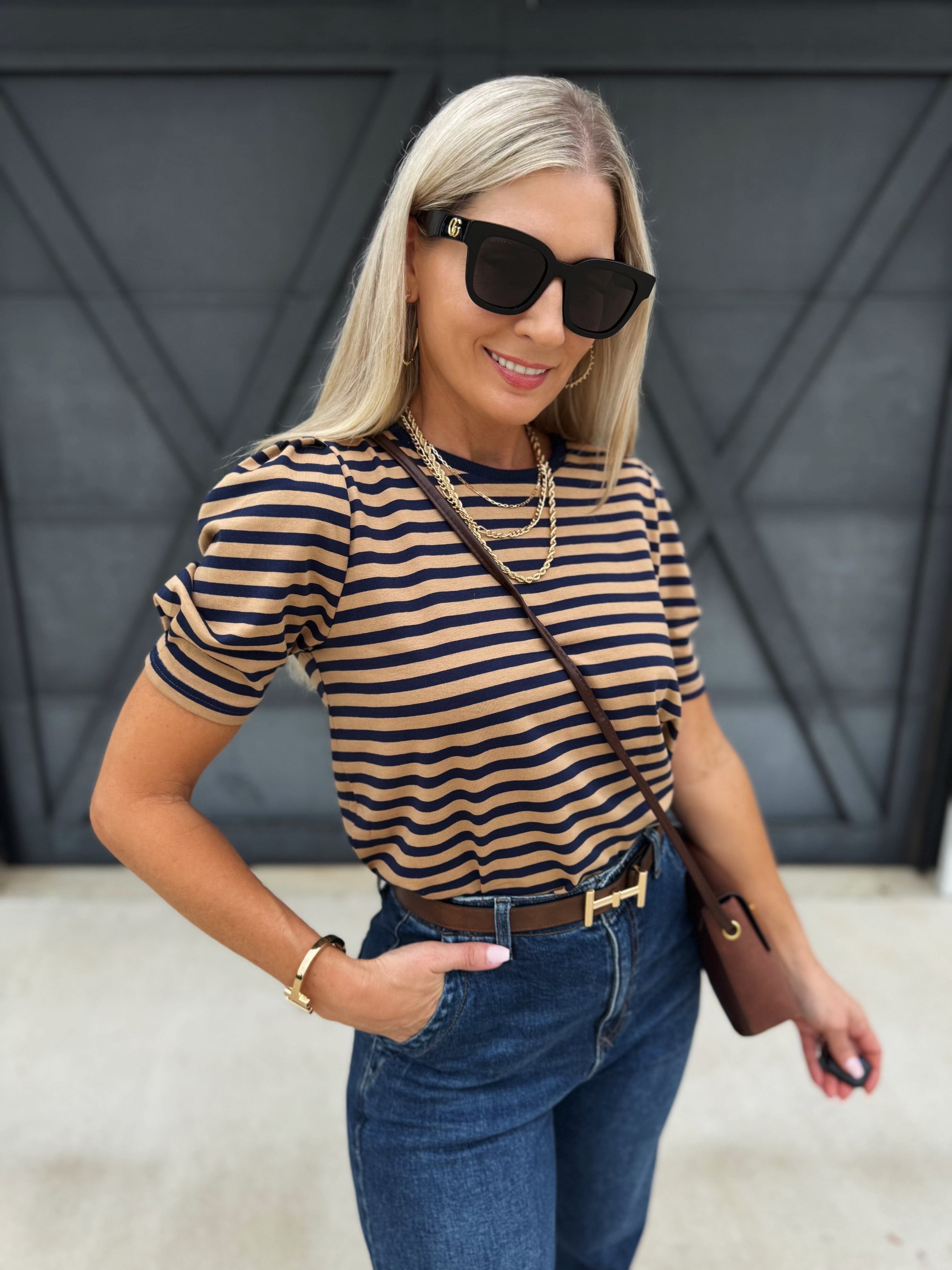 Puff Sleeve Stripe Blouse In Navy And Camel - Infinity Raine