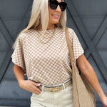 Checkered Dolman Sleeve Knit Top In Almond - Infinity Raine