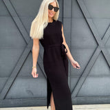 Crew Neck Knit Midi Dress In Black - Infinity Raine