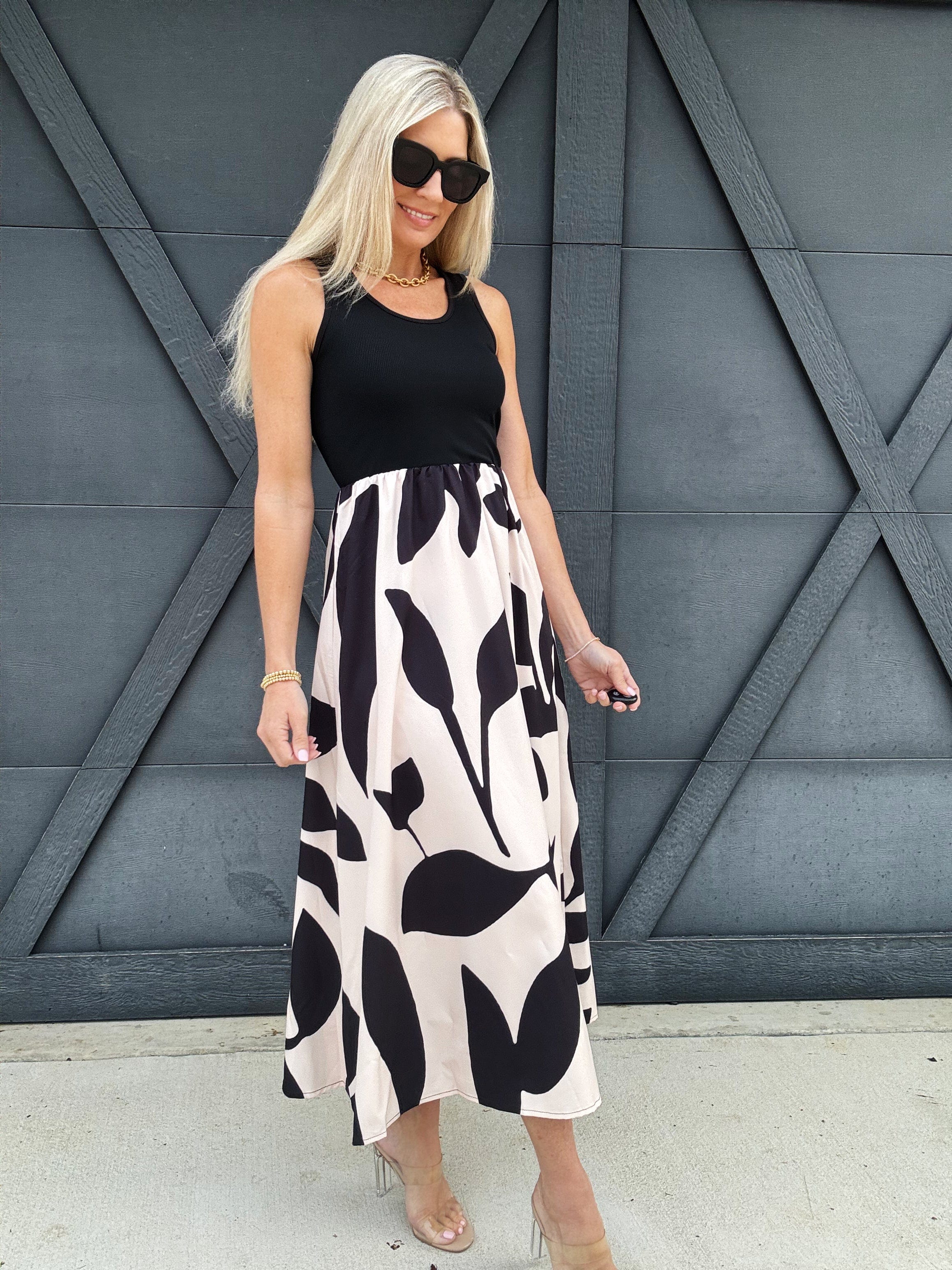 asia direct+ DRESSES Two Tone Floral Print Dress In Black