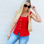 Button Front Square Neck Vest In Red - Infinity Raine