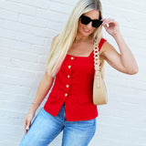 Button Front Square Neck Vest In Red - Infinity Raine