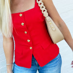 Button Front Square Neck Vest In Red - Infinity Raine