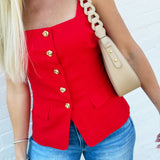 Button Front Square Neck Vest In Red - Infinity Raine