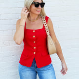 Button Front Square Neck Vest In Red - Infinity Raine