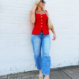 Button Front Square Neck Vest In Red - Infinity Raine