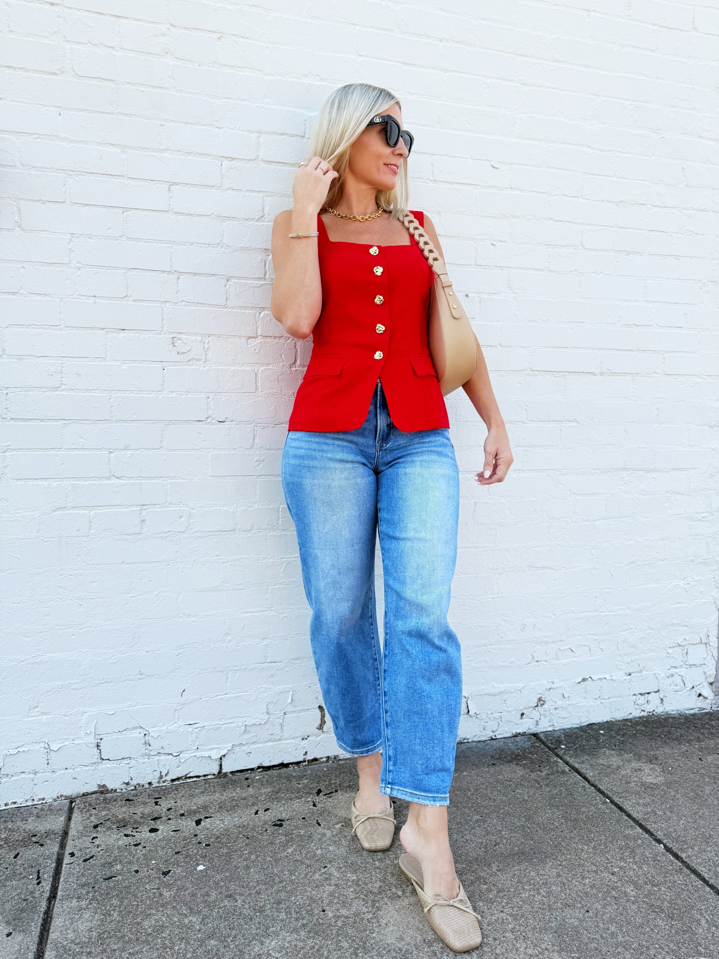 Button Front Square Neck Vest In Red - Infinity Raine