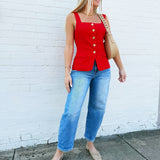 Button Front Square Neck Vest In Red - Infinity Raine