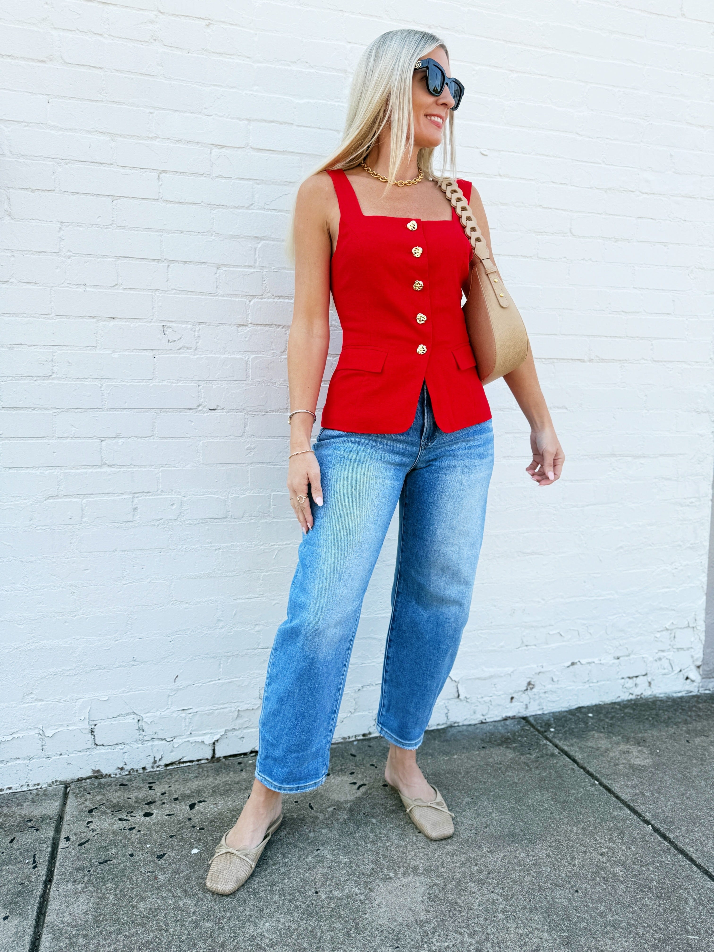 Button Front Square Neck Vest In Red - Infinity Raine