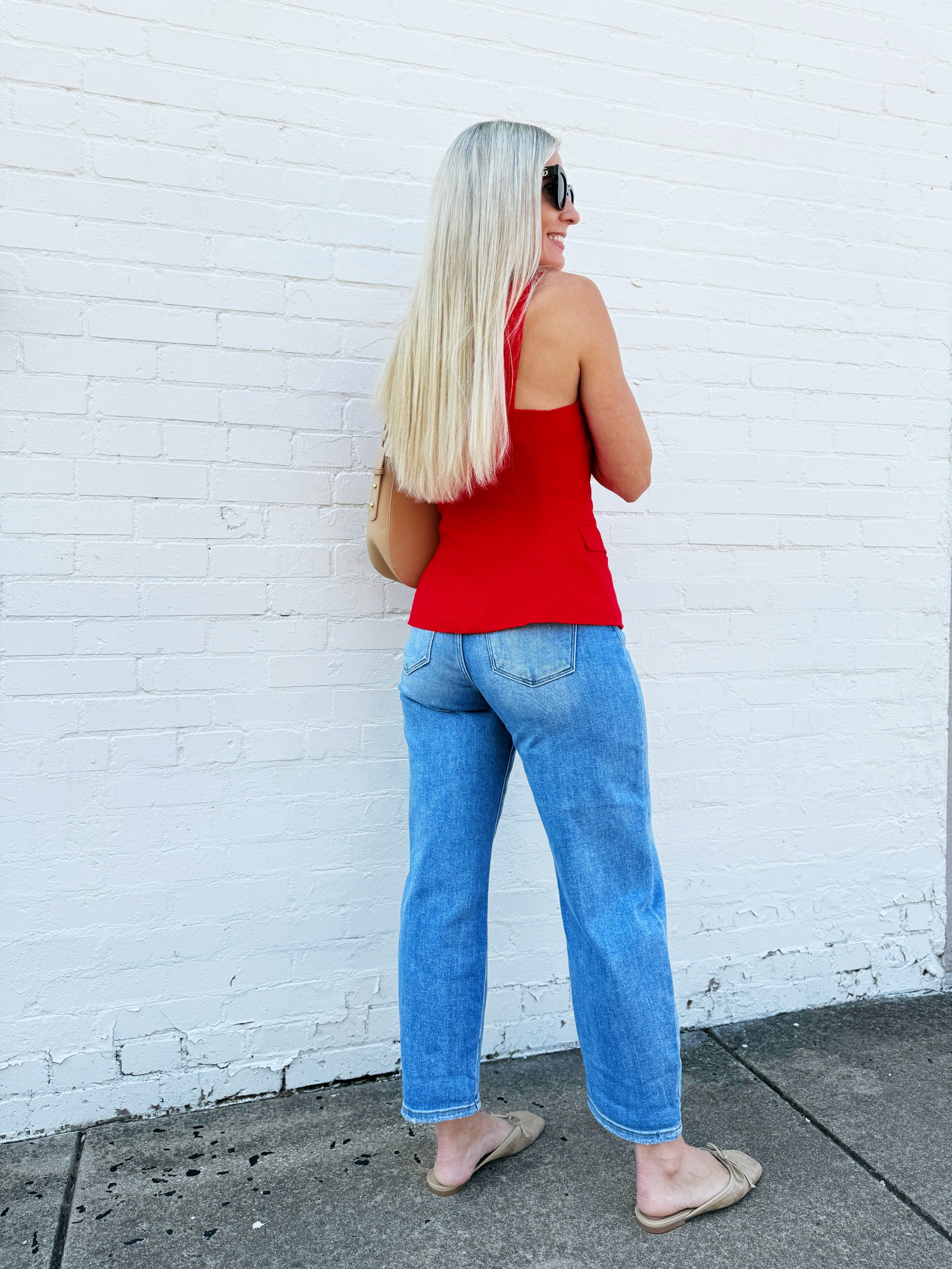 Button Front Square Neck Vest In Red - Infinity Raine