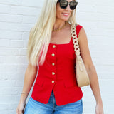 Button Front Square Neck Vest In Red - Infinity Raine