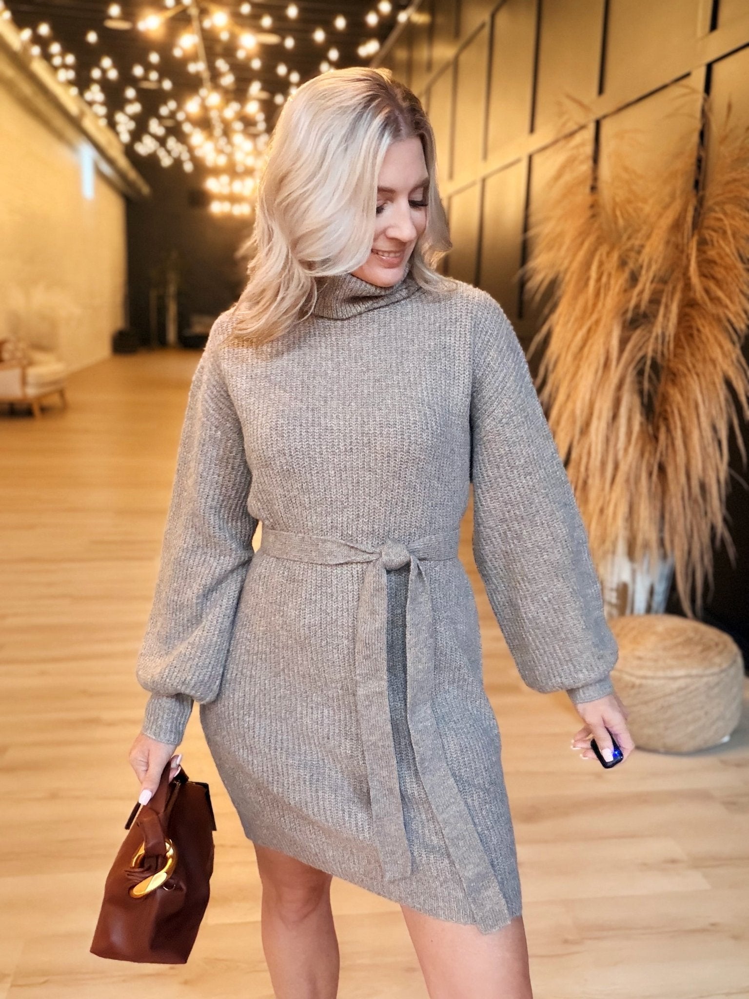 Audrina Turtleneck Sweater Dress with Tie Waist In Taupe - Infinity Raine