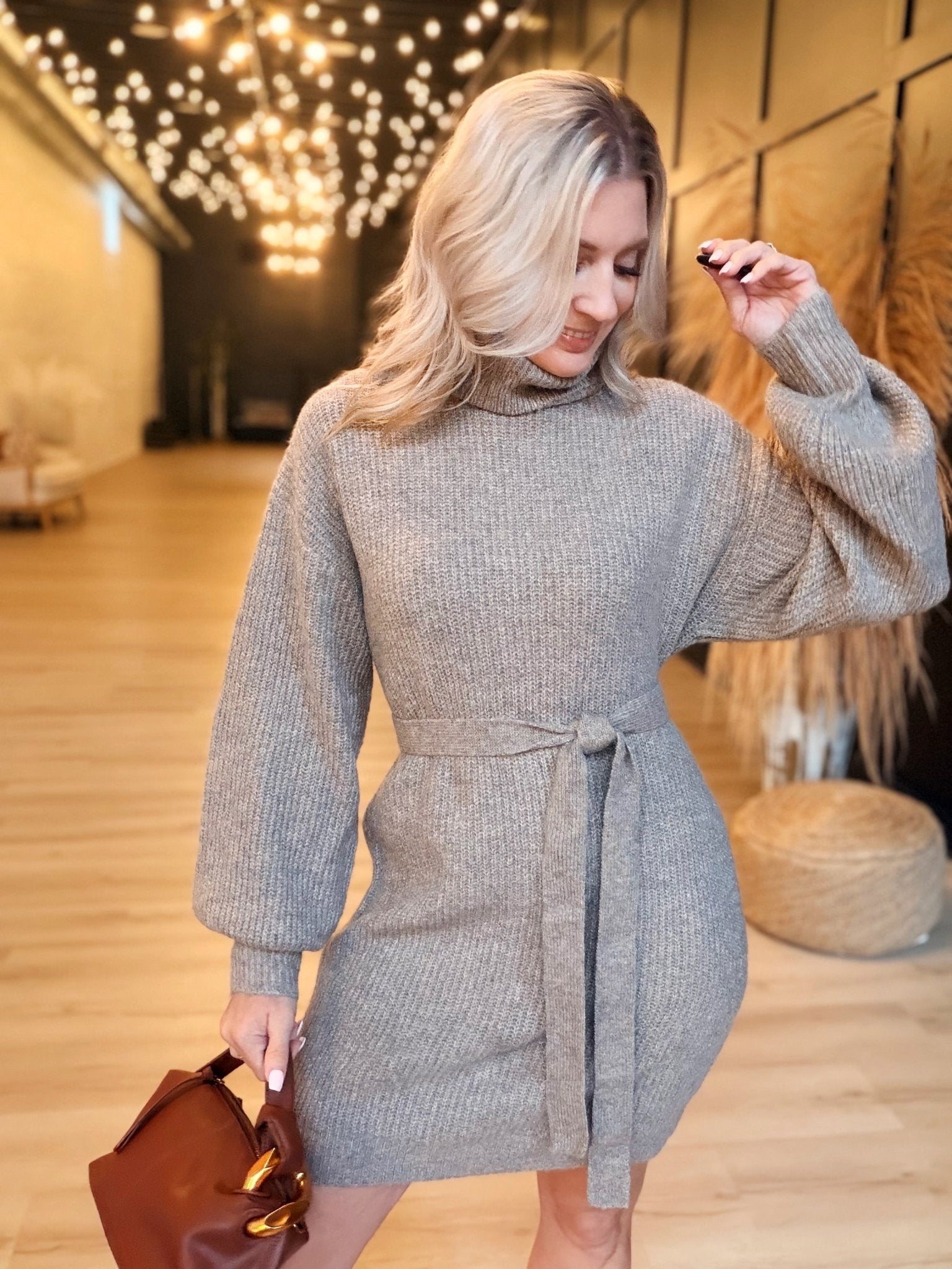 Audrina Turtleneck Sweater Dress with Tie Waist In Taupe - Infinity Raine