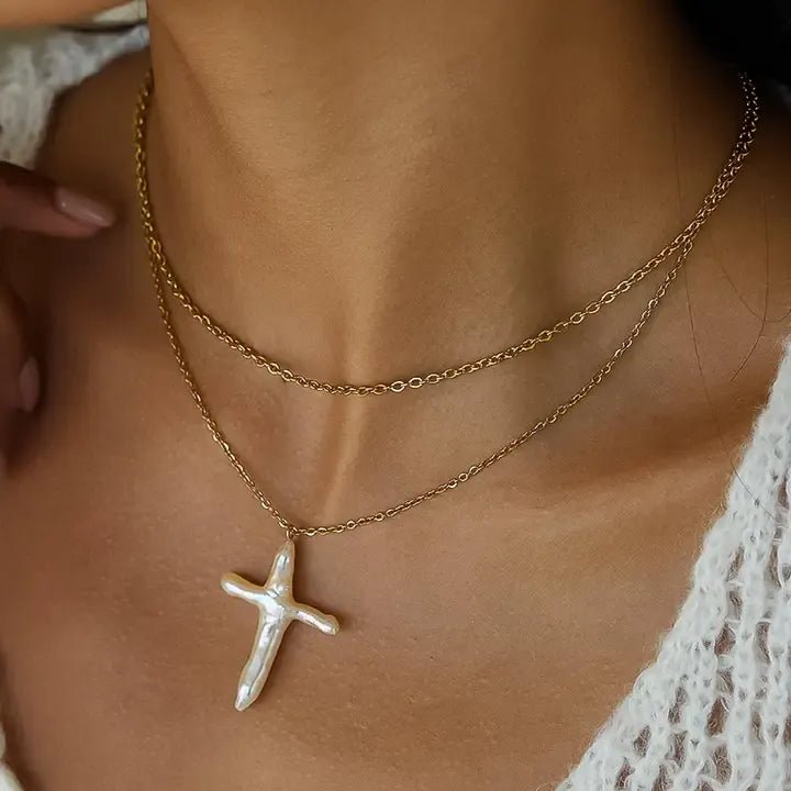 Aurise 18k Gold Pearl Cross Necklace In Yellow Gold - Infinity Raine
