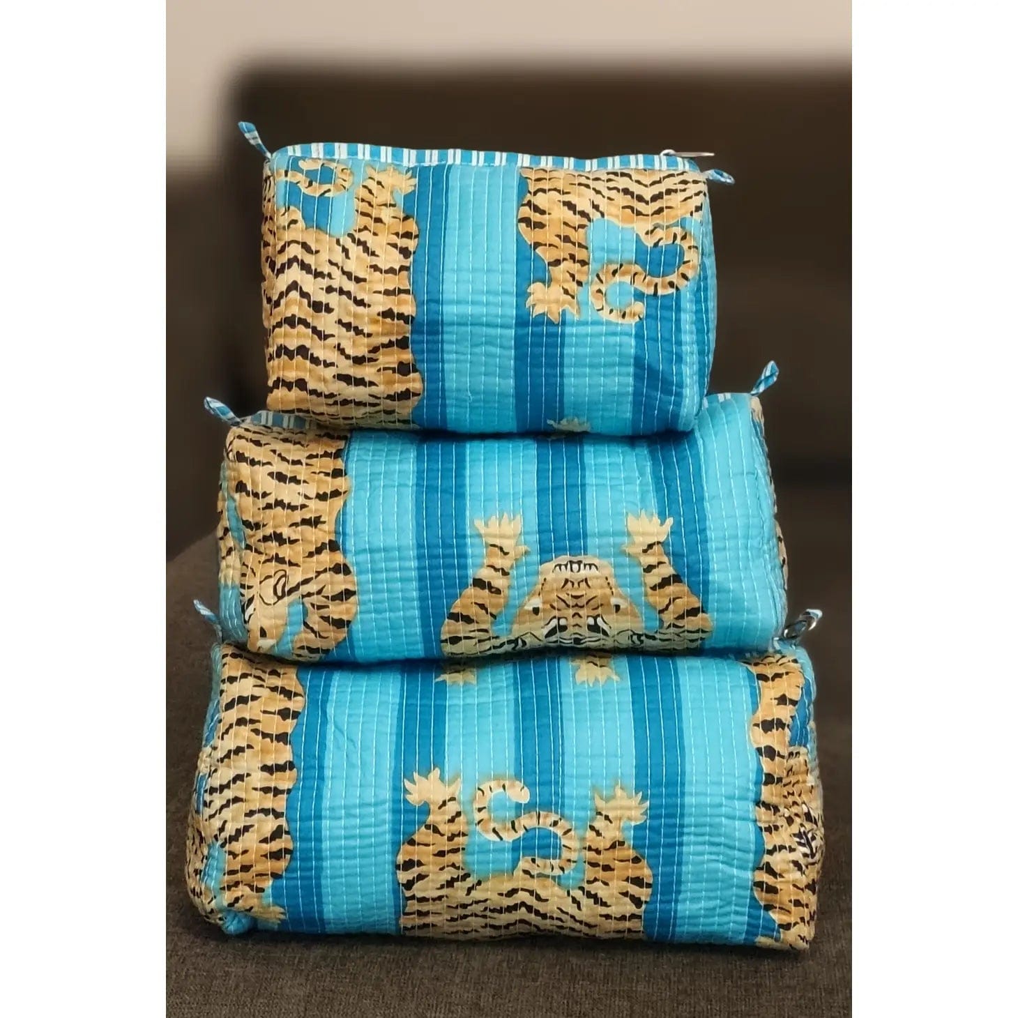 Block Printed Cotton Quilted Toiletry Bag-Blue Tiger - Infinity Raine