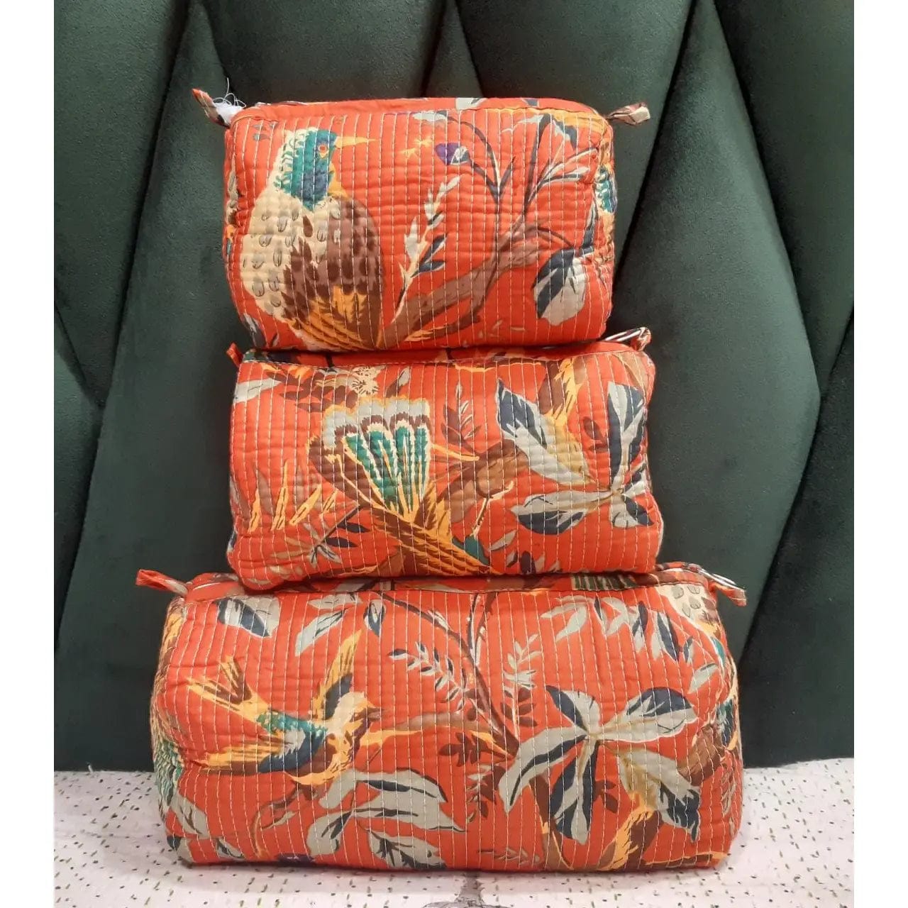 Block Printed Cotton Quilted Toiletry Bag-Orange Bird - Infinity Raine