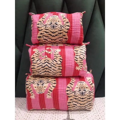 Block Printed Cotton Quilted Toiletry Bag-Pink Tiger - Infinity Raine