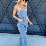 BABY PINK Jumpsuits & Rompers Strapless Denim Jumpsuit In Light