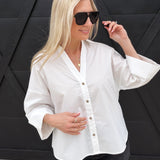 Back Pleat Button Down Blouse In Pure White - Infinity Raine