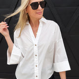 Back Pleat Button Down Blouse In Pure White - Infinity Raine