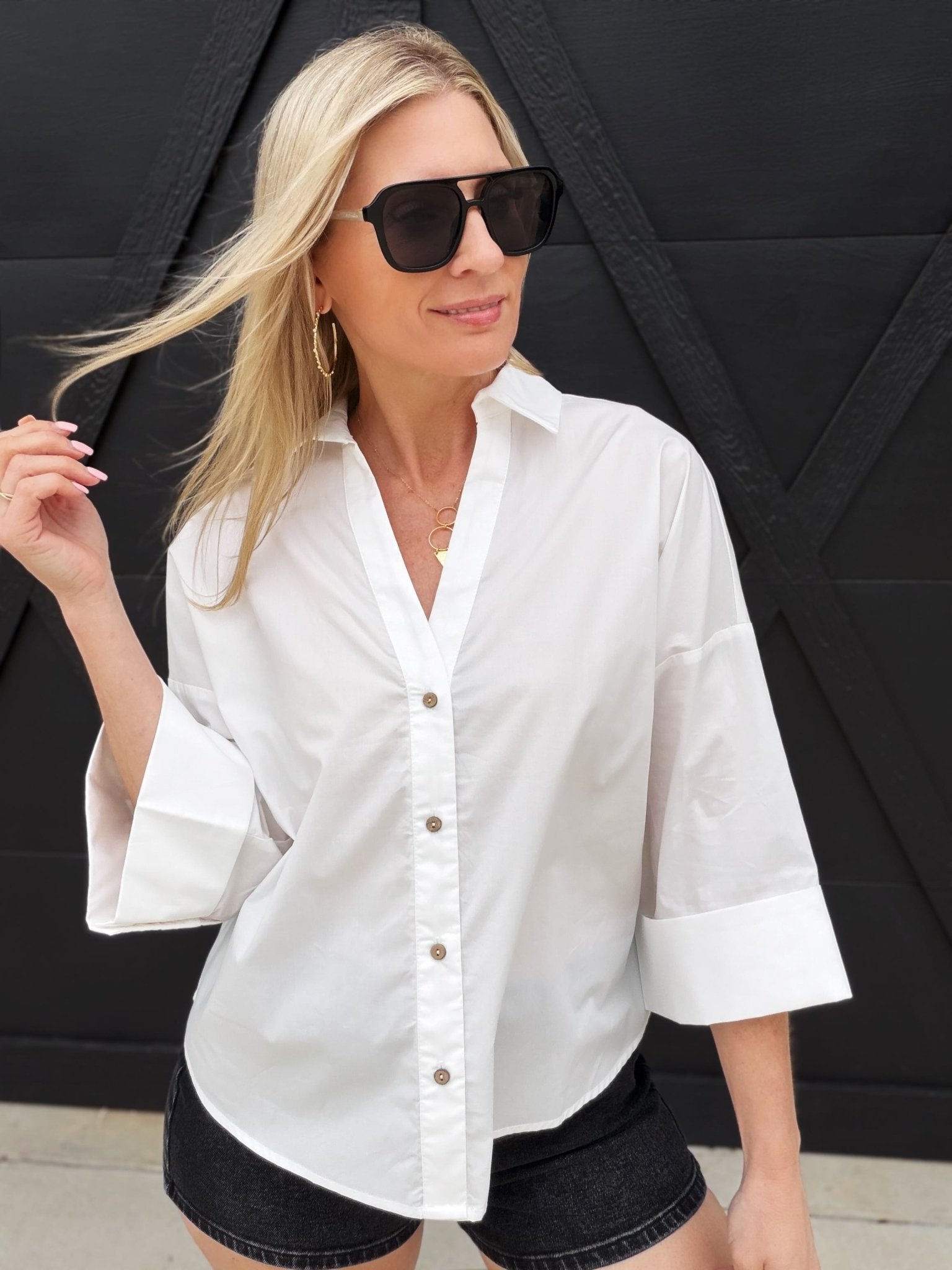 Back Pleat Button Down Blouse In Pure White - Infinity Raine
