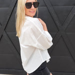 Back Pleat Button Down Blouse In Pure White - Infinity Raine