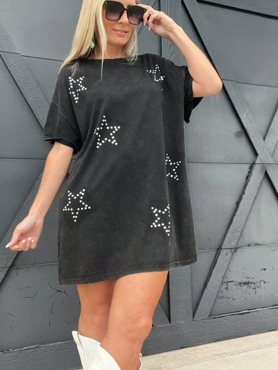 Stud Star T-Shirt Dress-Black - Infinity Raine