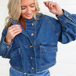 Ballon Sleeve Twill Jacket Drawstring Waist In Denim - Infinity Raine
